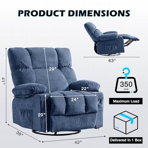 MAHOMICO Recliner Chair Oversized Swivel Rocker with Vibration Massage & Lumbar Heating, 360° Swivel, USB Charging Port, Cup Holders & Side Pocket for Living Room