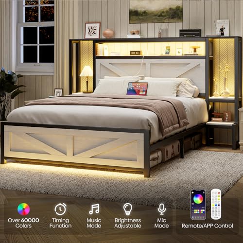 Otevehde Queen Size Rustic Bed Frame with Storage Born Door Headboard and Bedside Storage, Industrial Farmhouse Metal Platform Bed Frame with Charging Station and LED Lights, White Otevehde