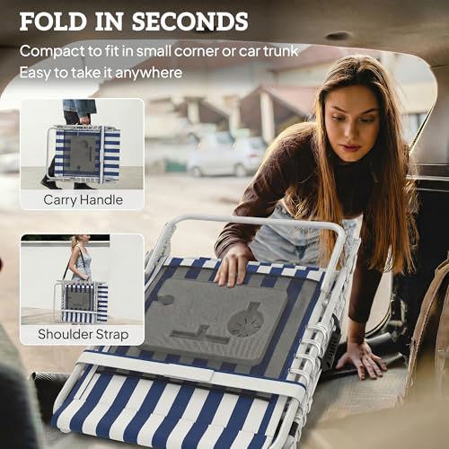 Outsunny Tanning Chair Set of 2 with Face Hole, Side Table, 5-Position Reclining Folding Chaise Lounge Chair Outdoor Lounger Recliner, Carry Straps for Beach Pool Camp, Oxford Fabric, Blue and White
