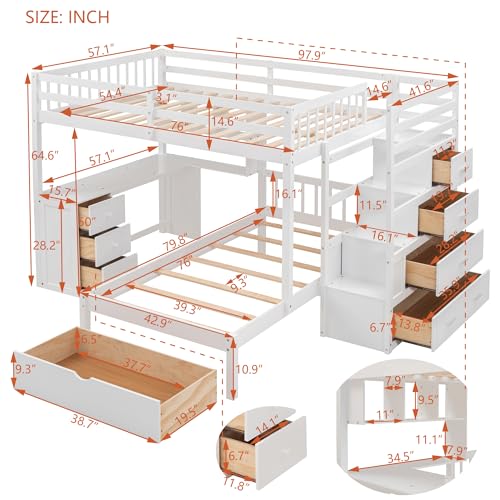 Harper & Bright Designs Full Over Twin Bunk Bed with Stairs, Storage Drawers, Full Size Loft Bed Frame with Desk and Shelves, White Harper & Bright Designs