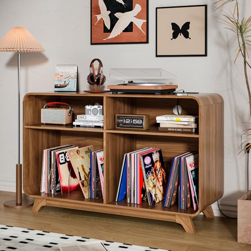Record Player Stand with Vinyl Storage Cabinet with Charging Station & USB Ports, Turntable Stand Table Holds Up to 350 Albums, Curved Vinyl Record Cabinet for Living Room (Walnut, 42.5-inch) Boweniog