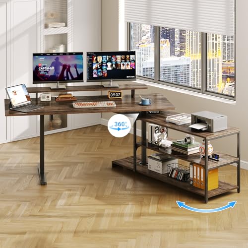 Lefurture Standing Desk with File Cabinet, 55x24'' L Shaped Electric Stand Up Desk with Adjustable Monitor Shelf, Adjustable Height 28-46'' for Home and Computer Workstation, Walnut Lefurture