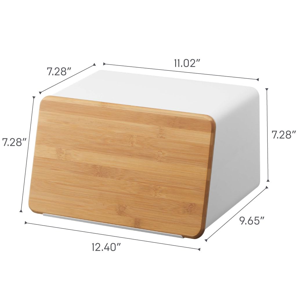 Yamazaki Home Metal Bread Box With Removable Bamboo Wooden Cutting Board Lid, Kitchen Storage Box YAMAZAKI