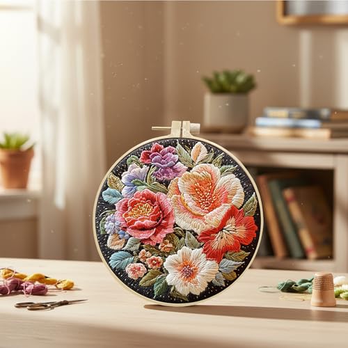 ARTopet Embroidery Kit for Beginners Cross Stitch Kits Needlepoint Set Colorful Flowers Patterns Embroidery Thread Kit for Craft Lover Hand Stitch with Hoop Threads Fabric-Flowers02