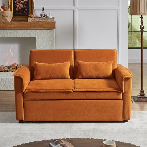 Modern Convertible Sofa Couch Bed, USB Ports, 3 in 1 Velvet Sleeper Sofa Pull Out Bed for Living Room Apartment Small, Widen Armrest Reclining Sofa Futon Adjustable Backrest with 2 Pillows(Orange) Deolme