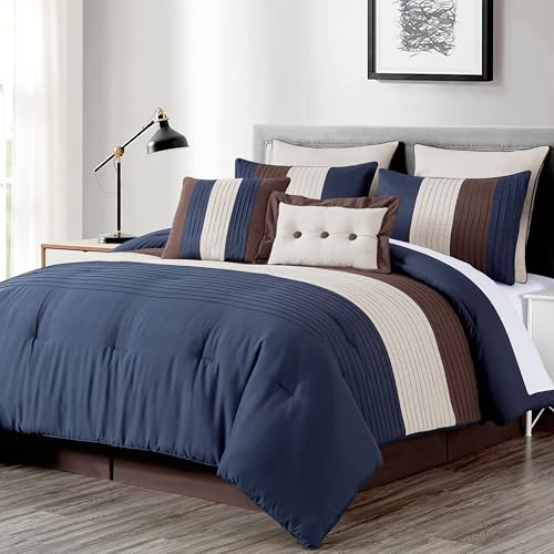 Chezmoi Collection Loft 8-Piece Queen Comforter Set, Midnight Blue/Brown/Coffee Cream Luxury Striped Bedding for All Season Chezmoi Collection