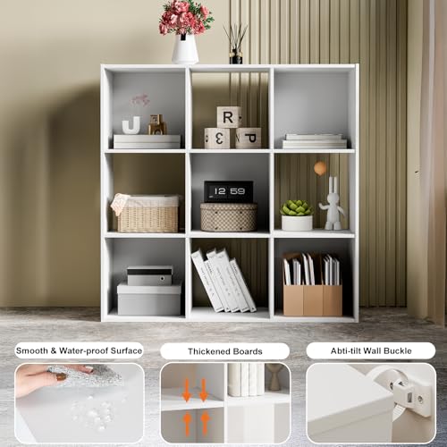 Sweetcrispy 9 Cube Storage Organizer - Open Cube Bookshelf with 5 Removable Back Panels, Display Storage Bookcase for Living Room, Bedroom, Entrance Hall, Home Office,36" L×11.6" W×36" H, White Sweetcrispy