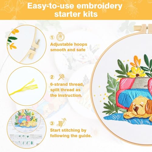 GLTAYLMY Cute Dogs Embroidery Kit for Beginners with Pattern and Instructions,3 Pack Cross Stitch Kits,1 Plastic Embroidery Hoops,Threads and Needles,Needlepoint Kit for Adults