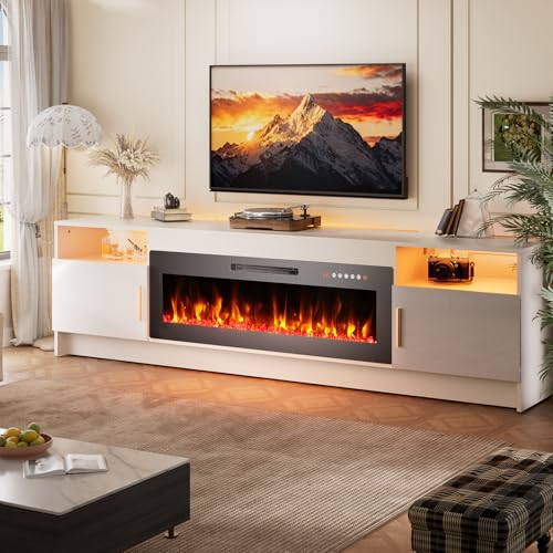 EAG 80" Electric Fireplace TV Stand with 42 inch Fireplace Up to 90" TVs, Entertainment Center with with Storage Cabinet & LED Lights, Modern Media Console for Living Room, White EAG