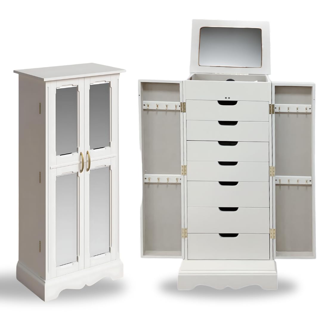 Hives & Honey Chelsea Standing Jewelry Armoire Cabinet, Jewelry Storage Organizer with Top Flip Mirror, 2 Doors, 7 Drawers, Jewelry Chest Armoire, Jewelry Box for Necklace, Earring, Bracelet, White Hives and Honey