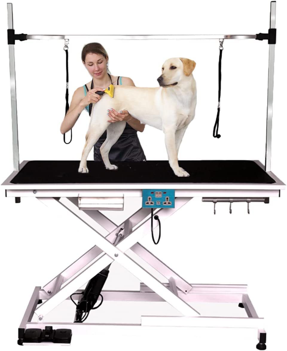 TRODEP Electric Pet Grooming Table for Large Dogs, Heavy Duty Professional X Lift Dog Grooming Table with Anti-Static Non-Slip Rubber Tabletop, 2 Nooses & Clamps & Arms, 250lbs Capacity, 50''/White TRODEP