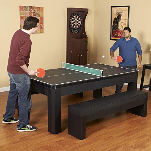 Hathaway Park Avenue 7 Ft Multi Game Pool Table Combo with Dining Top and Ping Pong – Includes Set of Benches for Home Storage and Accessories – Red & Black Finish Hathaway