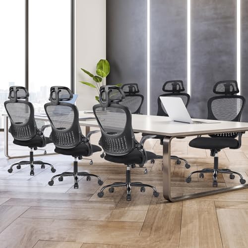 Sweetcrispy Office Computer Desk Chair, Ergonomic High-Back Mesh Rolling Work Chairs with Wheels and Adjustable Headrests, Comfortable Lumbar Support, Comfy Flip-up Arms for Home, Bedroom, Study,Black Sweetcrispy
