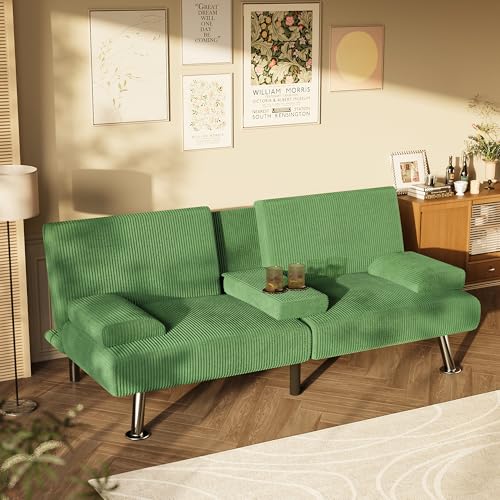 Homall Futon Sofa Bed, Futon Couch with Removable Armrests, Adjustable Recliner Sleeper Sofa Bed with Dual Cup Holders for Living Room, Apartment, Office (Corduroy, Green) Homall