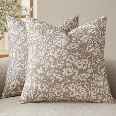 MIULEE Floral Pillow Covers Decorative Throw Pillow Covers 18x18 Pack of 2 Modern Linen Cushion Covers Farmhouse Neutral Pillow Covers for Living Room Sofa Bed,Cream Oatmea