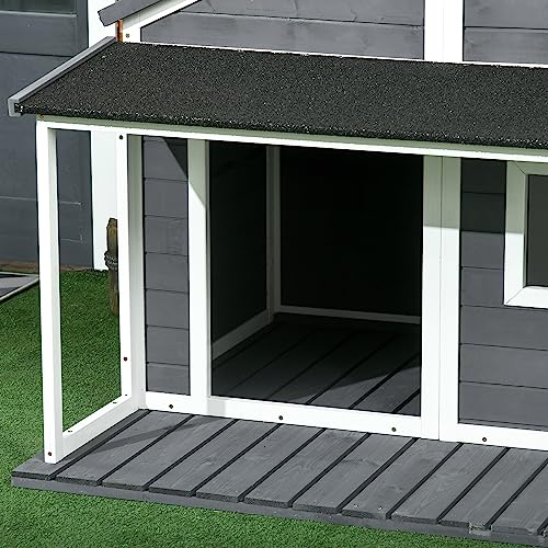 PawHut Outdoor Dog House Cabin Style, Wooden Raised Pet Kennel with Asphalt Roof, Front Door, Side Window, Porch for Medium/Large Dogs, Loading 53 Lbs., Grey PawHut