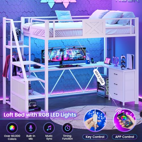 Itaar Stairway Twin Size Loft Bed with L Shaped Desk and Wardrobe, Metal Loft Bed Frame with Stairs, 3 Fabric Drawers, LED Lights & Charging Sation, No Noise & No Box Spring Needed, White Itaar
