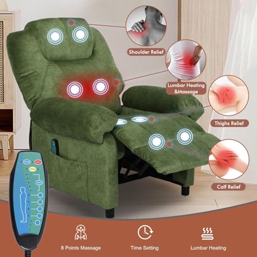 KCREAM Overstuffed Push Back Recliner Chair for Living Room, Mid Century Fabric Heated Massaging Reclining Chair Small Recliner Chair with Heat and Massage, Green
