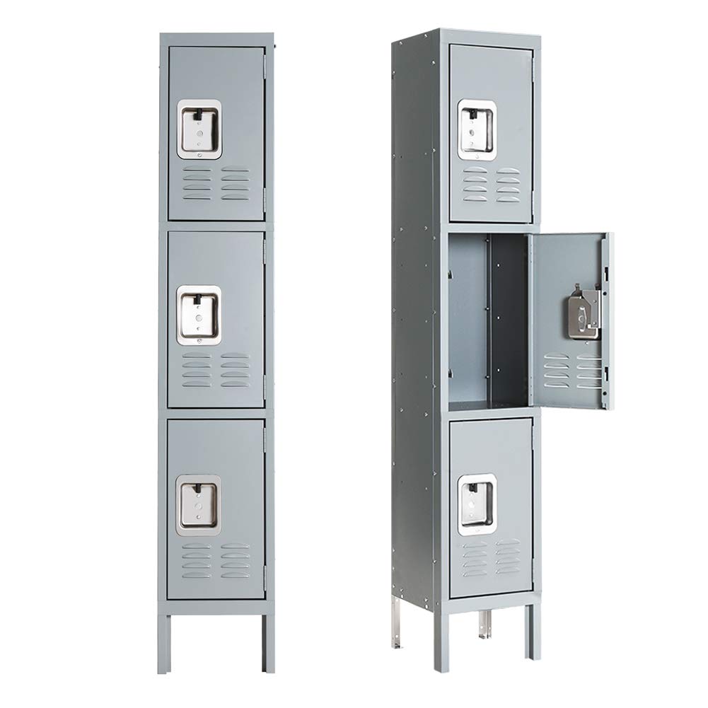 Greenvelly Metal Locker for School Office Gym Metal Storage Locker Cabinet for Employees Students Steel Locker Triple Tier with 3 Door Grey Greenvelly
