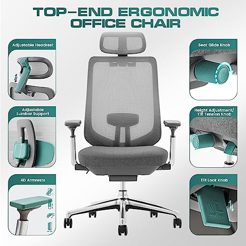 COLAMY Ergonomic Mesh Office Chair, High Back Office Chair, Computer Executive Desk Chair with Lumbar Support,Adjustable Headrest and 4D Arms, Slide Seat, Tilt Lock-Darkgrey New COLAMY