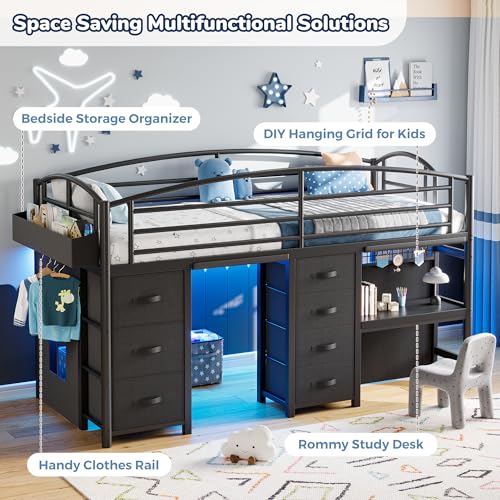 Low Loft Bed Twin Size with 7 Storage Drawers, Desk and LED Lights, Heavy Duty Metal Kids Loft Bed with 12" H Safety Guardrail, Anti-Collision Pad, Private Play Curtain, Under-Bed Play Space - Black Jocoevol