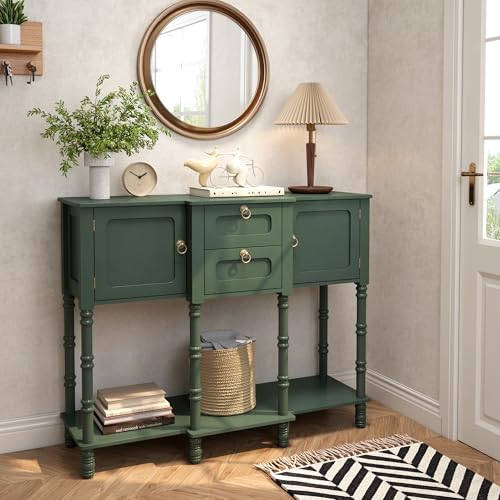 Topbele Green Entryway Table with Storge, Mid-Century Modern Console Table with 2 Drawers, Retro Narrow Long Behind Couch Sofa Table for Living Room, Foyer, Hallway Topbele