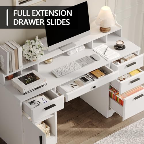 MaverickFurni Executive Desk with Hutch, 58 Inch White Computer Desk with 5 Drawers, Home Office Desk with Storage, Rustic Desk with Adjustable Shelves and Storage Cabinet for Bedroom MaverickFurni