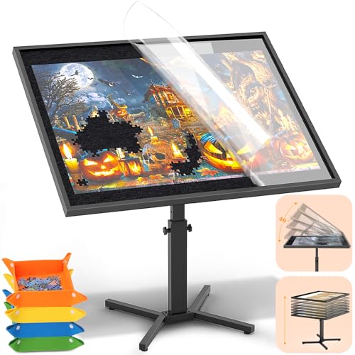 1500 Piece Jigsaw Puzzle Table with Legs,28"x35" Large Puzzle Table for Adults,Adjustable height &12 tilt angles,Wooden Jigsaw Puzzle Board with 4 Puzzle Sorting Trays & Cover,Birthday Gift for Family HEBESPACE