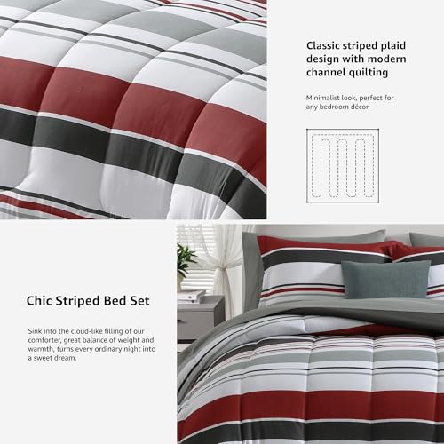 Monbix Queen Comforter Set - 7 Pieces Bed in a Bag Queen, Red and Black-Stripe Bedding Sets, All Seasons Comforter Bed Set with Sheets, Pillowcases & Shams Monbix