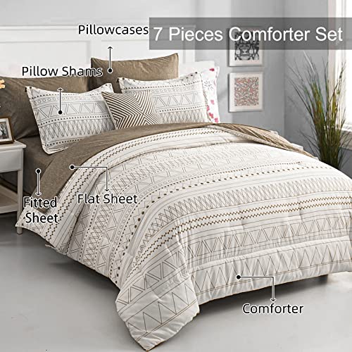 WONGS BEDDING 7 Pieces Brown Comforter Set King Size,Boho Bed in a Bag Geometric Stripe Comforter Reversible Soft Microfiber Bedding Set with Pillowcases & Shams,Flat Sheet,Fitted Sheet WONGS BEDDING