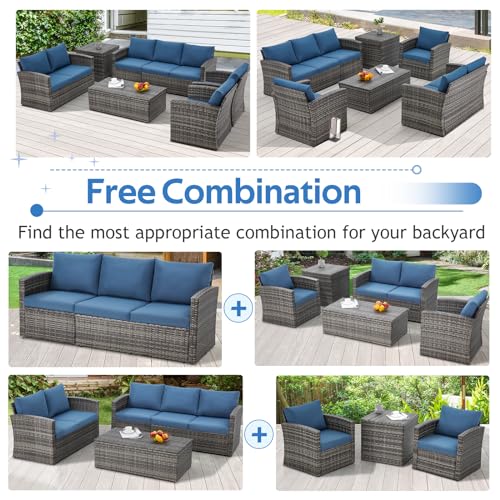 U-MAX 7 Pieces Outdoor Patio Furniture Sets w/Two Storage Boxes, Grey Rattan& Blue Cushions U-MAX