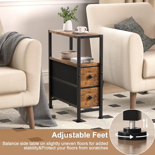 Small Narrow Side Table with Drawers, Skinny End Table for Small Spaces, Slim Nightstand with Storage, Sofa Bedside Table in Living Room, Bedroom, Study, Kitchen and Balcony (Rustic Brown) Homedawn