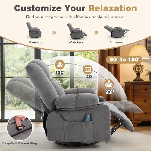 Overstuffed Fabric Swivel Rocker Recliner with Massage and Heat,360° Recliner Chair Rocking Glider Chair with Cup Holder for Adult,Grey