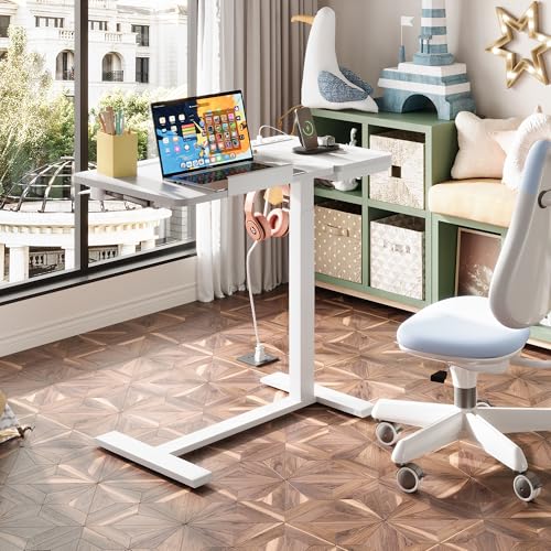 EKNKOZY Standing Desk, Medical Overbed Table with Rolling Tray and Power Outlet, Dual Pneumatic Angle and Height Adjustable Desk, Portable Side Table with Drawer, Home & Hospital Use, White EKNKOZY