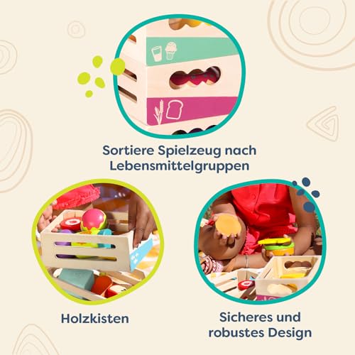 B. toys- Little Foodie Groups- Pretend Play Wooden Play Food – Food Group Crates – 24 Play Kitchen Accessories – Educational Toys for Kids – 3 Years + B. toys