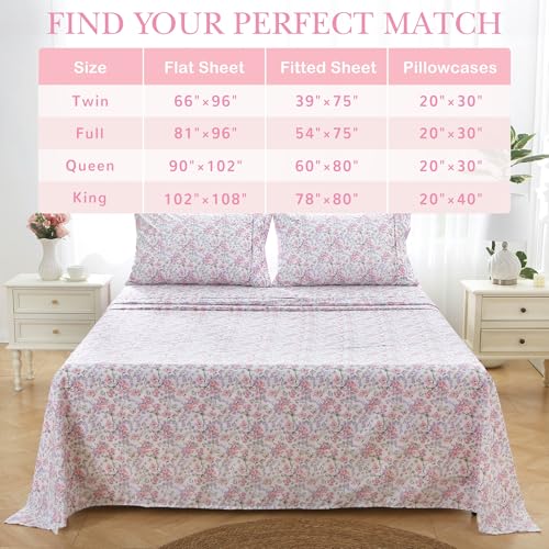 Mooreeke Cozy Vintage Microfiber Printed Queen Sheet Set - Soft Breathable Percale Cotton Floral Bed Sheets with Deep Pocket - Non-Slip Fitted Design - Pink Purple Flowers Pattern Mooreeke