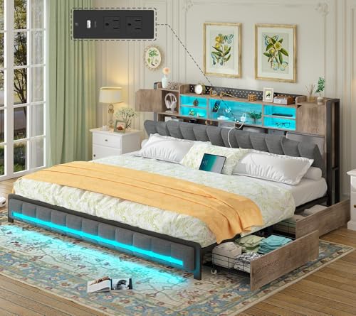 CSZZD King Size Bed Frame and Bookcase Headboard & Storage Drawers, LED Upholstered Platform Bed Frame King Size with USB Charging Station, No Box Spring Needed, Easy Assembly, Oak Gray CSZZD