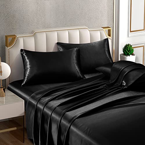 Horbaunal 4 Piece Satin Sheet Set Twin Size Luxury Silky & Soft Black Satin Twin Bed Sheet Set with 16" Deep Pocket, 1 Fitted Sheet, 1 Flat Sheet, 2 Pillowcases Horbaunal
