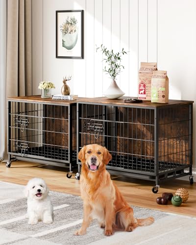 Dog Crate Furniture 2024 New Furniture Style Dog Crate with Removable Tray and Wheels Heavy Duty Double Doors Dog Cage End Table 27.2 Wooden Dog Kennel Indoor Dog House for Large Dogs Brown