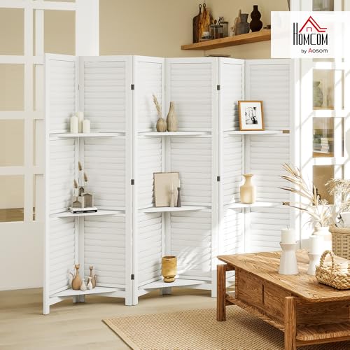 HOMCOM Room Divider, 6 Panel 67" Tall Wood Privacy Screen with 3 Display Shelves, and Folding Storage for Bedroom or Home Office, White HOMCOM