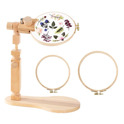 Sherbo Adjustable Embroidery Hoop Stand with 2PCS 6'' 7''Hoops, Rotated Beech Wood Cross Stitch Frame, Hands-Free Needlework Stand, Solid Hand-Polished Natural Wood Holder for Sewing Projects.