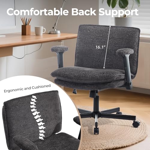 Morkprism Criss Cross Chair with Flip-Up Arms and Lockable Wheels, Plush Fabric Cross Legged Office Desk Chair,Wider 125°Tilting Adjustable Swivel Computer Chair for Home, Apartment, Bedroom,Black Morkprism