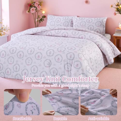 MAG 3Pcs with 1 Microfiber Jersey Knit Comforter+2 Pillowcae,Pink Floral Queen Comforter Set,All Season Garden Style Flower Bedding Set Queen Size for Girls Boys Kids,Elastic and Breathable Soft. MAG