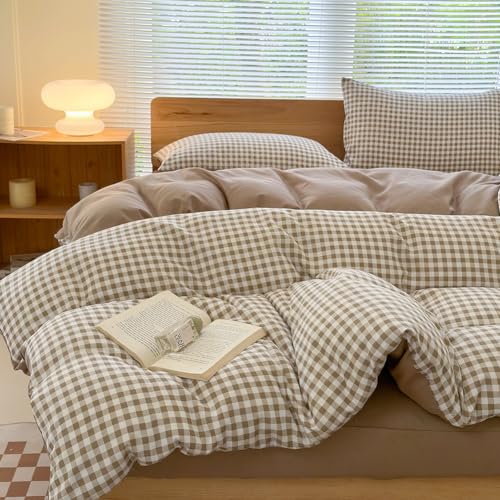 NSNLGSGC Twin Grid Gingham Duvet Cover Set Tan - Washed Soft Comforter Cover Set Brown Lightweight Bedding Set (2PCS, Twin) NSNLGSGC