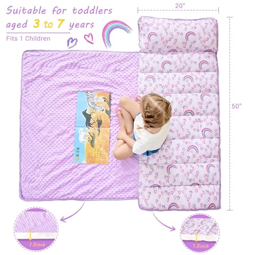 Lasoftan Toddler Nap Mat with Pillow and Blanket, Extra Large Rolled Napping Mats,Toddler Nap mats for Boys Girls, Kids Sleeping Mat for Daycare, Preschool Travel Camping, Rainbow lasoftan
