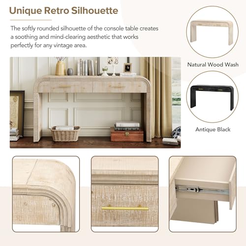 VilroCaz Unique Retro Curved Console Table with 2 Top Drawers, Versatile 59'' Long Accent Entryway Table Sofa Table for Entrance, Dinning Room, Living Room (Natural-C5) VilroCaz