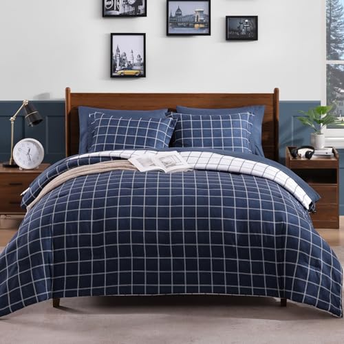 AMBERSPACE Plaid Twin XL Comforter Set Dark Blue, Reversible Checkered Bedding Set 5 Pieces for Boys Girls Teen, Lightweight Bed in a Bag for Dorm with Sheets, Pillowcase & Sham AMBERSPACE