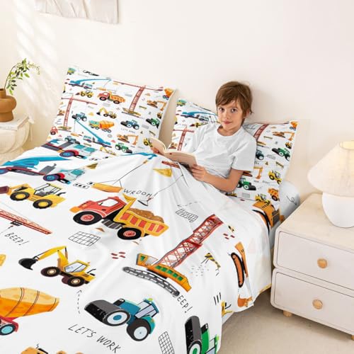 Excavator Bed Sheets King Size, Tractor Machinery Trucks Sheet Set, Kids Boys Construction Vehicle Fitted Sheet, Bulldozer Crane Equipment Truck Bed Sheet set With 2 Pillow Cases, Yellow Green Erosebridal