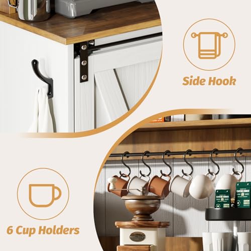 4ever2buy Farmhouse Coffee Bar Cabinet with 6 Hooks, 47'' Kitchen Coffee Bar with Hutch and 9 Wink Racks, White Coffee Bar Table with Sliding Barn Door for Dining Living Room 4ever2buy