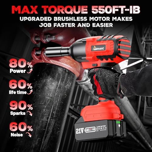 Aiment Cordless Impact Wrench 1/2 inch, 550 Ft-lbs Max Torque(700 N.m), 21V 3000 RPM Brushless Power Impact Gun, 4.0 Ah Battery with Fast Charger, 6 Pcs Sockets, Electric Impact Driver for Car Home Aiment